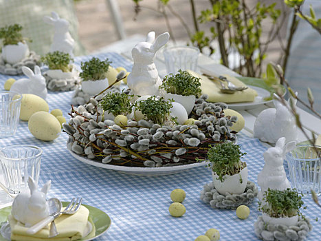 复活节餐桌,装饰,水芹,蛋,银柳