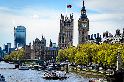 威斯敏斯特宫,塔,钟楼,大本钟,威斯敏斯特桥,泰晤士河,伦敦,区域,英格兰,英国,欧洲