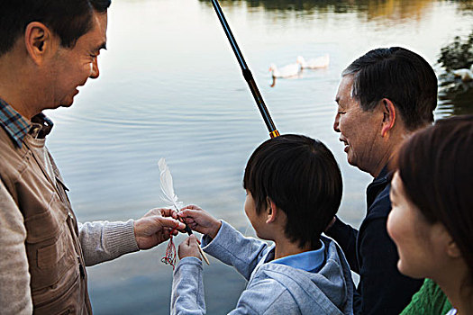 家庭,教育,男孩,鱼,湖