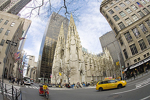 大教堂,黄色出租车,第五大街,市区,曼哈顿,纽约,美国