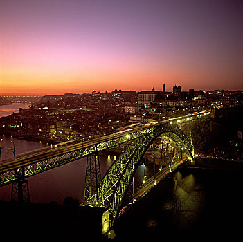 葡萄牙,波尔图,天际线,桥,河,黄昏