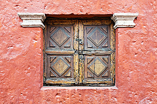 老,木质,窗户,红色,墙壁,卡塔琳娜,寺院,阿雷基帕,秘鲁,南美