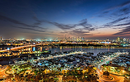 城市,光亮,摩天大楼,码头,迪拜,阿联酋,黄昏