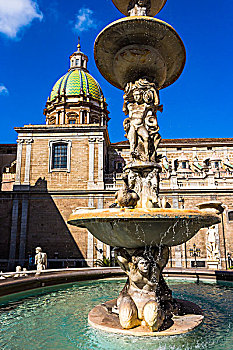 中心,雕塑,比勒陀利亚,喷泉,穹顶,教会,教堂,背景,广场,历史,巴勒莫,西西里,意大利