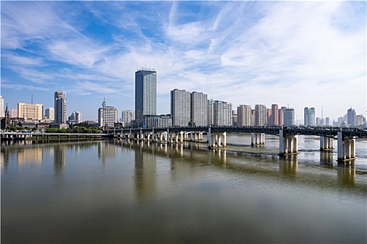 吉林市城市建筑风光松花江大桥航拍