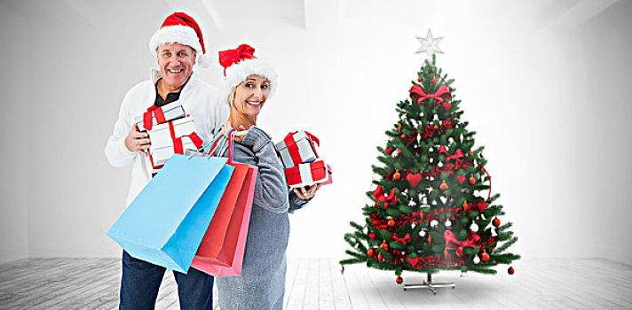 合成效果,图像,情侣,购物袋,礼物,家,圣诞树