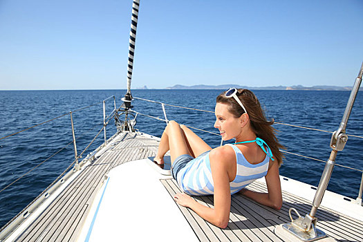 女人,放松,帆船,甲板