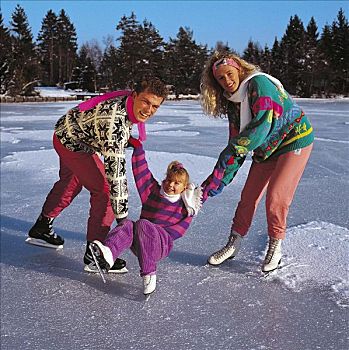 滑冰,乐趣,男人,女人,父亲,母亲,孩子,冬天,冰冻,湖,欧洲,父母