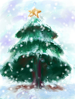 时尚插画,雪松,圣诞树,黄色五角星