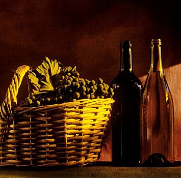 静物,葡萄酒,瓶子,酿红酒用葡萄,篮子