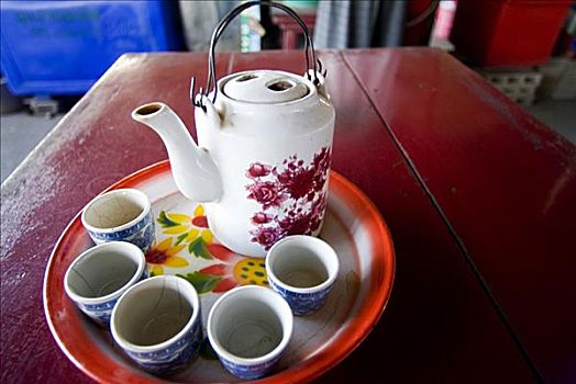 泰国,曼谷,茶壶,茶杯,大浅盘,桌面,餐馆
