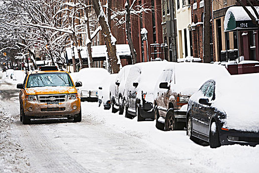 出租车,驾驶,雪,城市街道