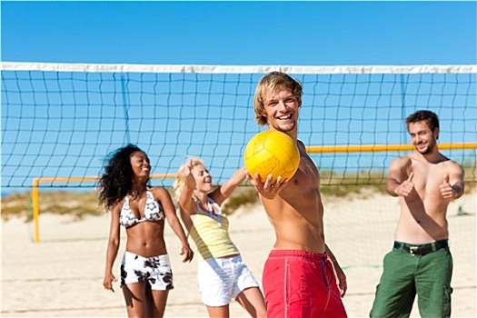 朋友,玩,沙滩排球