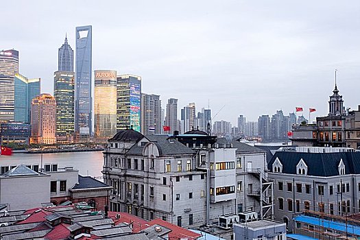 上海,世界金融中心,黄浦江,晚上,中国,俯视图