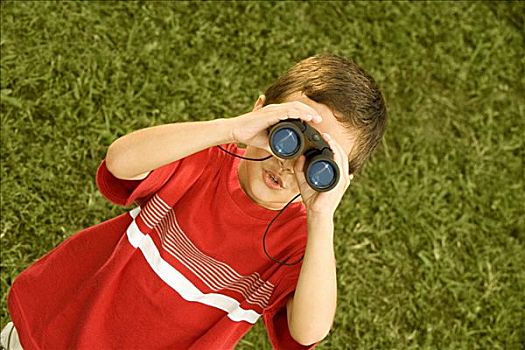 俯拍,男孩,看穿,一对,双筒望远镜