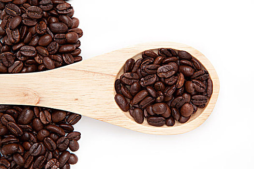 木勺,咖啡,种子,白色背景
