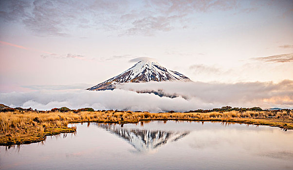 反射,山中小湖,层状火山,塔拉纳基,黄昏,艾格蒙特国家公园,北岛,新西兰,大洋洲