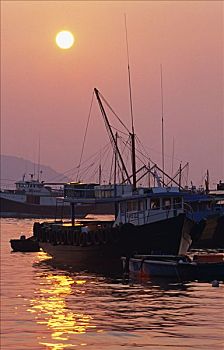 渔船,港口,长洲,日落,香港