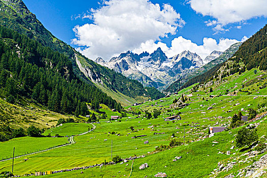 高海拔,风景,小屋,绿色,草地,山谷,瑞士,欧洲
