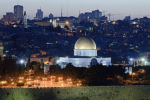 耶路撒冷,风景,橄榄,老城,黃昏,圆顶清真寺,犹太,墓地,以色列