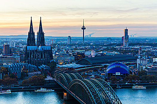 霍亨索伦,铁路,桥,俯视,莱茵河,科隆大教堂,日落,北莱茵威斯特伐利亚,德国