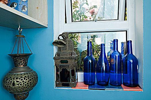 蓝色,瓶子,摩洛哥,家居用品,窗台,整修,联排房