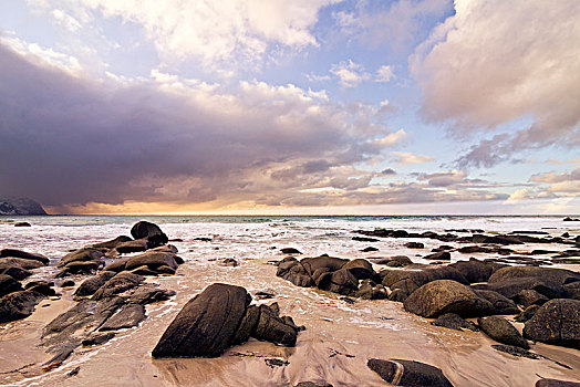 阴天,高处,岩石,沙滩,罗弗敦群岛,挪威