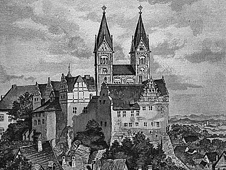 城堡,教堂,奎德琳堡,萨克森安哈尔特,德国,木刻,历史,雕刻
