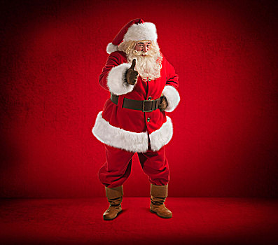 圣诞快乐,圣诞老人,展示,竖大拇指,红色背景,全身