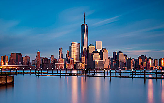 城市天际线,日落,一个,世界贸易中心,下曼哈顿,纽约,美国