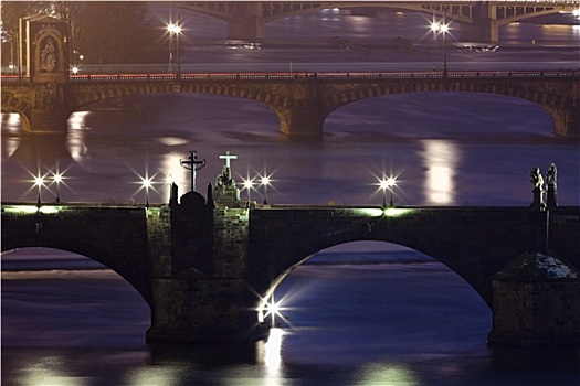 布拉格,桥,上方,伏尔塔瓦河,黄昏,查理大桥,关注