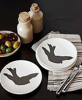 白色,盘子,黑色,鸟,剪影,条纹,餐巾