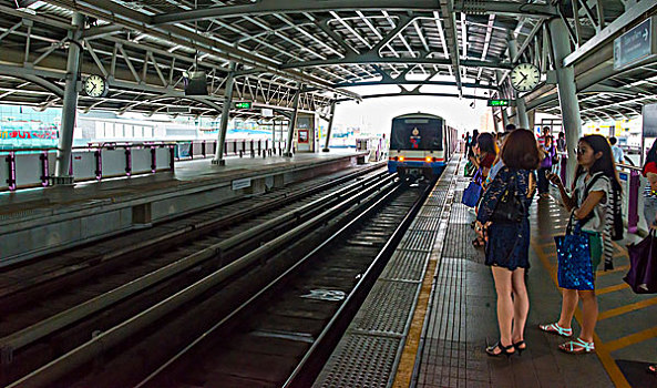 高架列车,曼谷,公交,列车,进入,车站,站台,泰国,亚洲