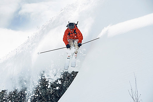 男性,滑雪,半空,积雪,山,隆河阿尔卑斯山省,法国