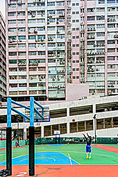 男孩,玩,篮球,高层建筑,背景,地区,新界,香港,中国