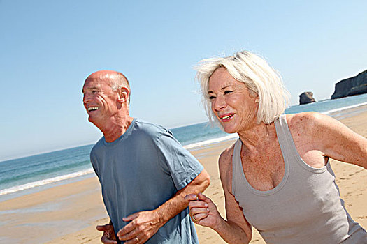 老年,夫妻,慢跑,沙滩