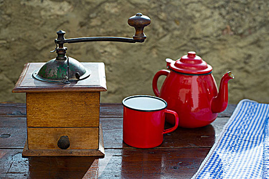 复古,老,咖啡研磨机,旧式,红色,茶壶