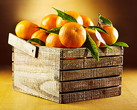 新鲜,柑橘,叶子,木盒