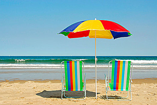 沙滩椅,伞,海洋,岸边,海浪,背景