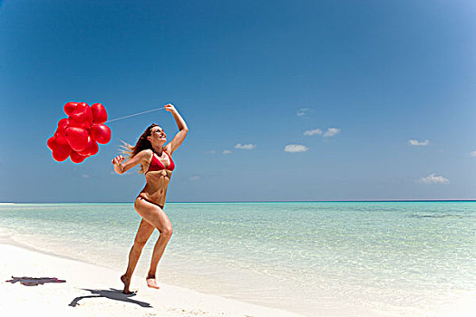 女人,跑,气球,海滩