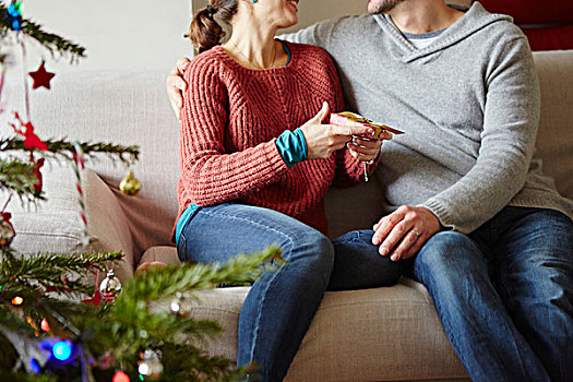 情侣,递给,圣诞节,礼物,客厅,沙发
