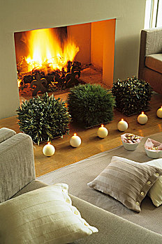 排,蜡烛,排列,正面,三个,安放,松树,橄榄枝,叫,火,客厅