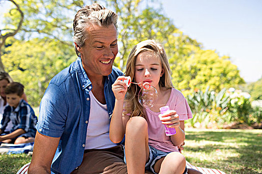 父亲,女儿,吹泡泡,泡泡棒,野餐,公园,高兴