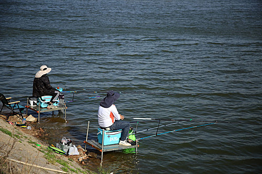 山东省日照市,钓鱼爱好者垂钓河湖之畔,乐享悠闲假期