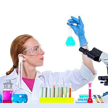 化学品,实验室,科学家,女人,工作,玻璃,长颈瓶