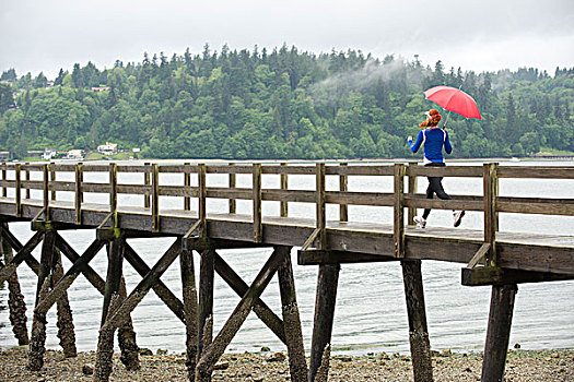 少女,跑,伞,码头,班布里奇岛,华盛顿,美国