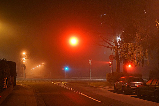 街道,发光,路灯,红绿灯,夜晚,雾