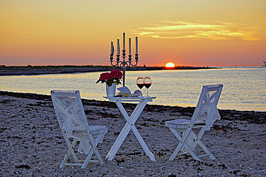 浪漫,烛光晚餐,海滩,日落