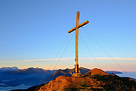 顶峰,十字架,早晨,亮光,左边,楚格峰,上巴伐利亚,巴伐利亚,德国,欧洲