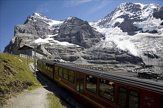 客运列车,少女峰,通过,风景,山峦,背景,山,艾格尔峰,伯恩高地,瑞士